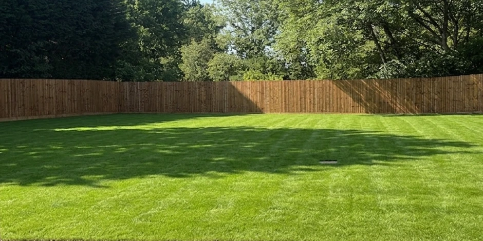 The rear garden at Spinney Cottage: a large level lawn enclosed by close-board fencing, with mature trees beyond.